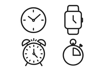 Time management icon set. Clock, smartwatch, alarm, and timer outline icons. Vector line art collection for web and graphic design. Deadline, schedule, and countdown concepts.