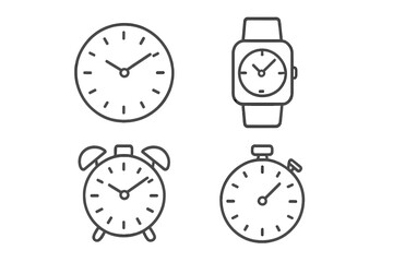 Clock, Smartwatch, Alarm Clock, Timer Line Icon Set. Outline Vector Timepiece Symbols for App UI, Web Design, Infographics, Ad Banners, Social Media, Digital Devices, Scheduling, Productivity Concepts