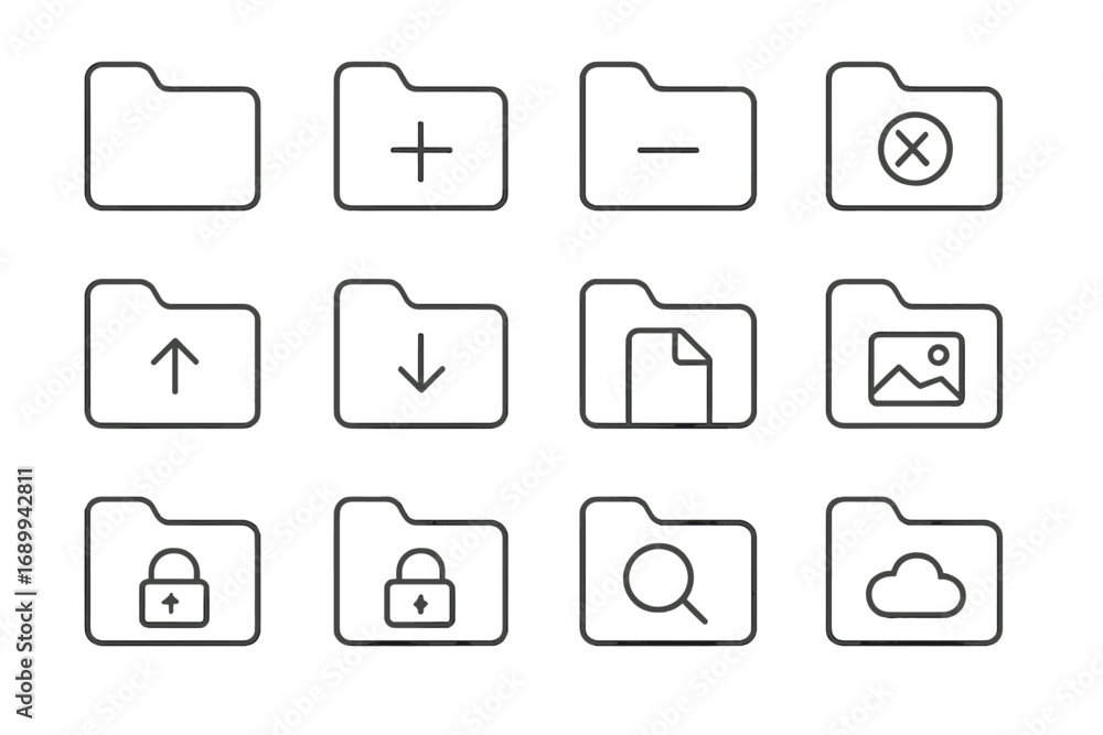 Poster folder line icon set. document management signs. add, delete, upload, download file. cloud storage s