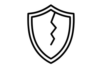 Cracked shield icon. Broken protection symbol. Vector for cybersecurity vulnerability, data breach, risk, system failure. Concept of unsafe, danger, weak defense, and error.