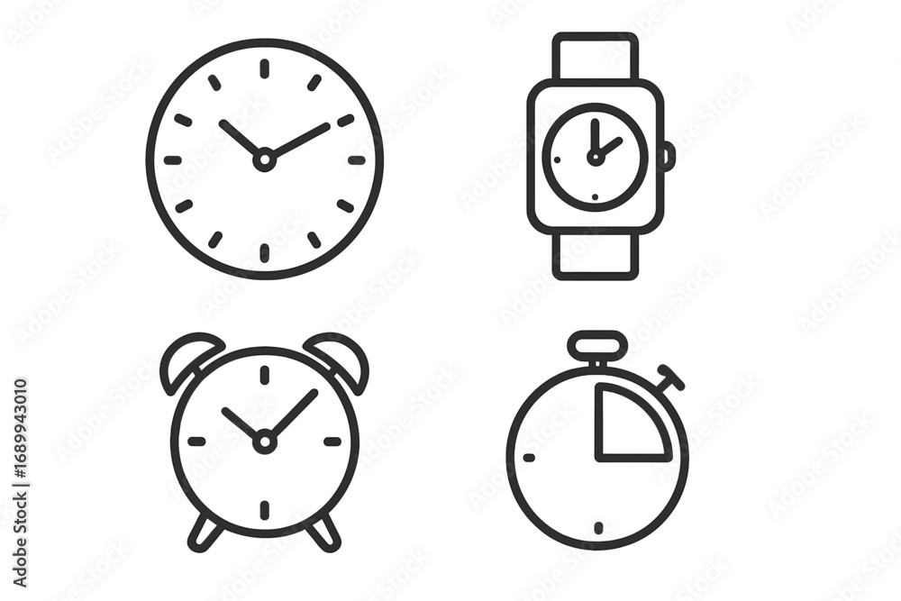 Poster vector collection of clock, watch, alarm clock and timer outline icons. modern line set for app, web