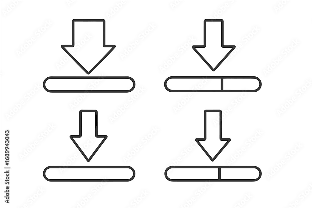 Poster download arrow progress bar icons set. outline style download symbol with progress indicator. thin l