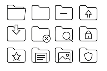 Computer folder line icon bundle. Simple outline vector symbols for file management, web design, and app UI. Includes download, upload, search, security lock, and favorite star.