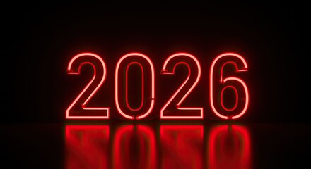 Glowing Red Neon 2026 Sign Reflecting on Black Surface, Futuristic Design.
