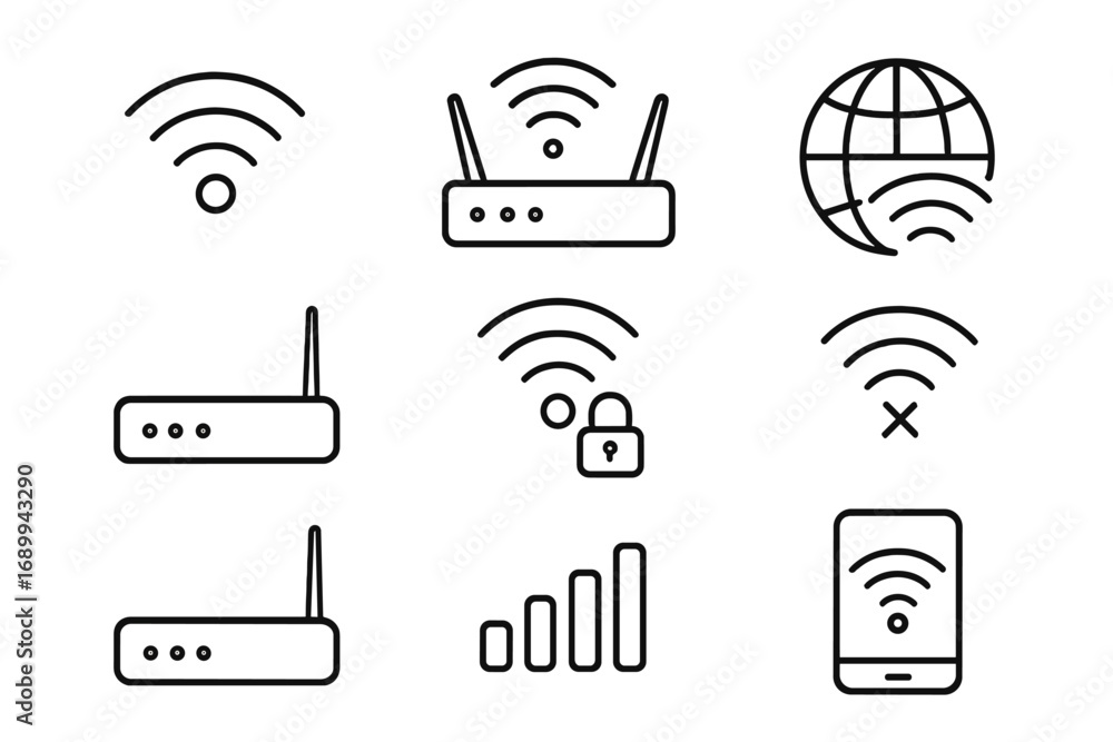 Poster wifi and router line icon set. wireless internet connection signs. vector symbols for web, ui, ux. n