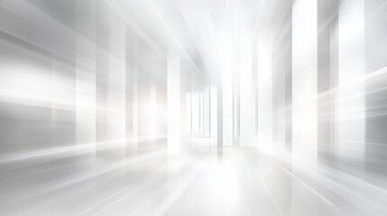 Bright futuristic interior with white glowing pillars and radiant light beams creating a spacious and ethereal hallway
