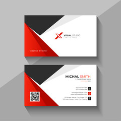 Fototapeta premium Modern business card design with red black and white geometric shapes and qr code