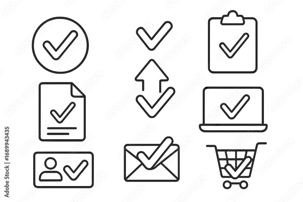 Poster checkmark line icon set for approval and verification. concepts of task complete, done, success, che