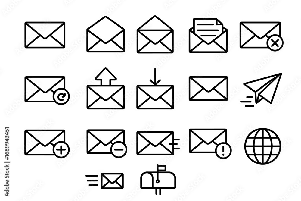 Aufkleber set of email and message envelope line icons. outline email symbols, web and app ui, inbox, outbox, 