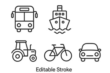 Transport vehicle thin line icon set. Front view car, bus, ship, tractor, bicycle outline symbols. Editable stroke vector graphic collection for web, app, and design projects.