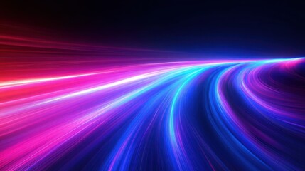 Abstract vibrant neon light trails curving dynamically with glowing blue, purple, and pink hues creating a sense of speed and motion in a dark space