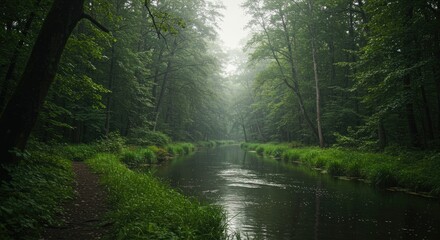 Obraz premium Serene Forest River Pathway in Misty Morning Light