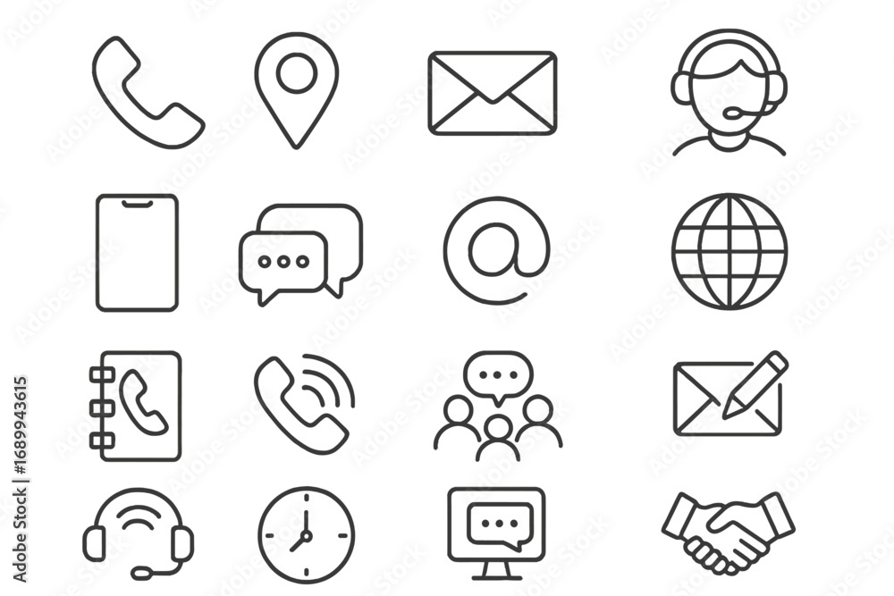 Poster communication and contact methods line icon set. outline symbols for customer support, feedback, and
