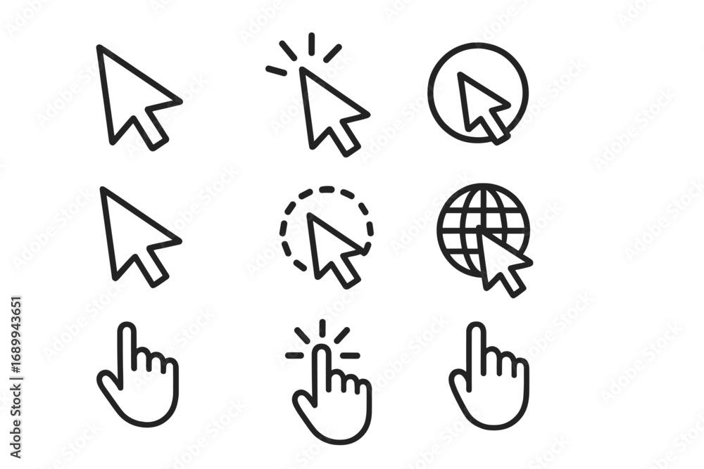 Fototapete cursor outline icon set. vector mouse pointer, click hand, and internet globe symbols. editable stro