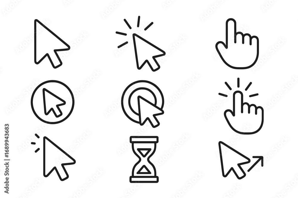 Fototapete mouse cursor icons collection. vector line art of hand and arrow pointers, click symbols, loading, s