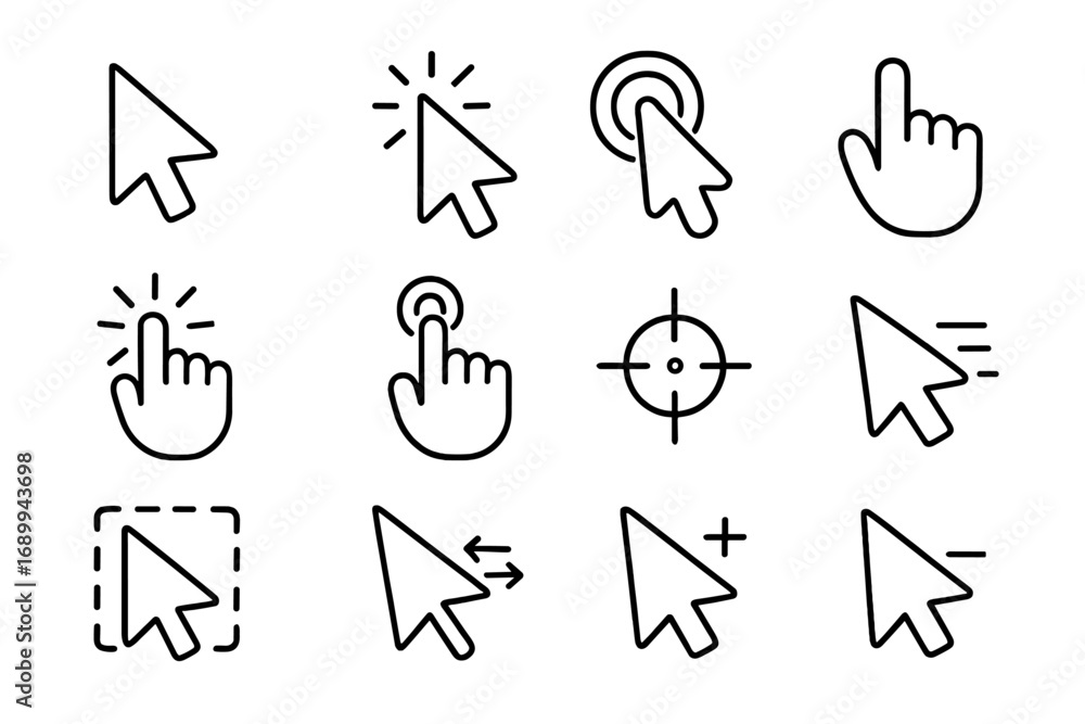 Fototapete cursor pointer mouse click hand icon outline set. vector computer arrow, hand click, selection, targ