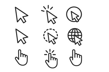 Cursor outline icon set. Vector mouse pointer, click hand, and internet globe symbols. Editable stroke for UI, UX, web design, infographics, presentations, apps, websites, digital media, marketing.