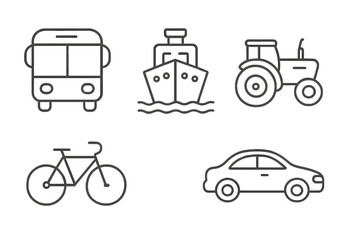 Transport line icon set with editable stroke. Bus, ship, tractor, bicycle, car vehicles. Public and private transportation simple outline symbols for web, app, and print.