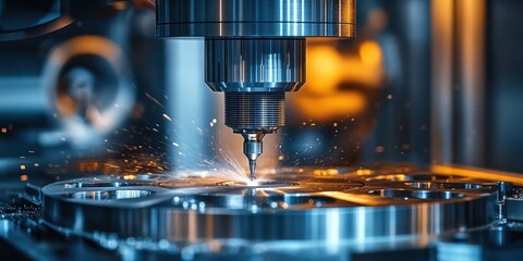 Close-up of a high-precision milling machine cutting metal with sparks flying, showcasing advanced industrial manufacturing technology