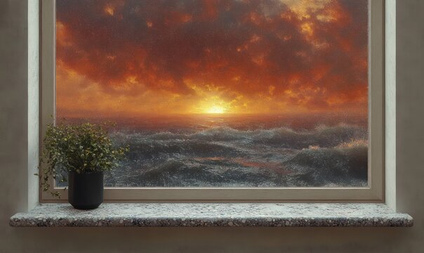 Fototapeta view of a turbulent ocean under a dramatic orange sunset sky seen through a rectangular window with a small potted green plant on the windowsill, evoking calm and wonder