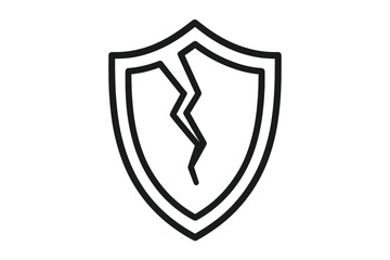 Cracked shield outline icon. Concept of vulnerability, risk, insecurity. Broken protection symbol. Metaphor for data breach, unprotected system, danger, failure, no defense.