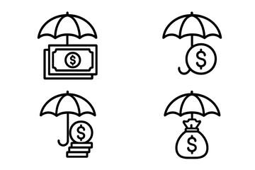 Money insurance thin line icon set, financial protection symbols with money under umbrella, dollar sign shield, cash and coin safety outline vector for web, apps, advertising, cards