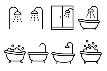 Modern shower and bathtub line icons set. Outline style bath, showerhead, bubbles, water drops, bathroom symbols for graphic design, web, app, advertising, cards. Vector illustration collection.