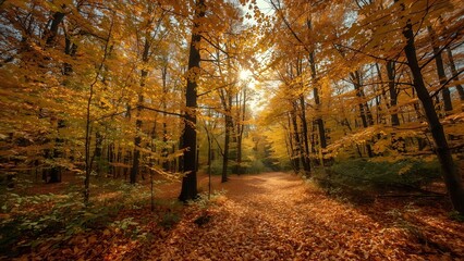 Obraz premium Dreamy autumn forest landscape with a soft focus, featuring a path covered in golden leaves and beautiful light filtering through the colorful maple tree canopy