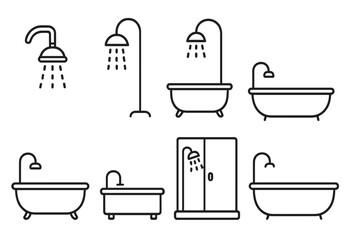 Modern bathroom shower and bathtub outline icons set. Vector minimalist showerhead and bath tub symbols for web design, ads, user interface, hotel signage, plumbing, hygiene, and relaxation concepts.