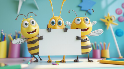 Three cheerful cartoon bees hold up a blank white sign in a colorful classroom setting, surrounded by pencils, crayons, and playful decorations - Generative AI