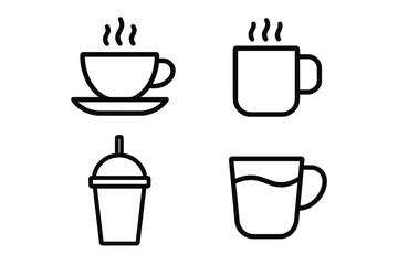 Modern outline style cup and drink icons set for design, apps, social media, cards, UI, menu illustrations. Coffee cup, tea mug, takeaway beverage, water glass. Minimal vector isolated collection.