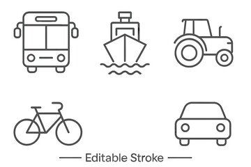 Transport line icon set. Bus, ship, tractor, bicycle, and car symbols. Public transportation, logistics, and travel vehicle concepts. Editable stroke vector graphics for web, app, ui.