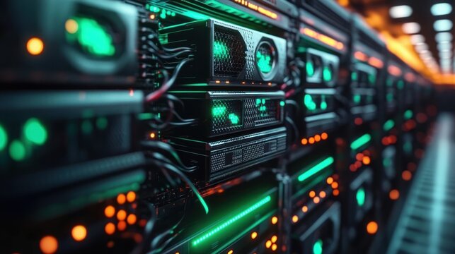 Close-up of a futuristic server rack with glowing green and orange LED lights in a high-tech data center hallway, evoking precision and advanced technology