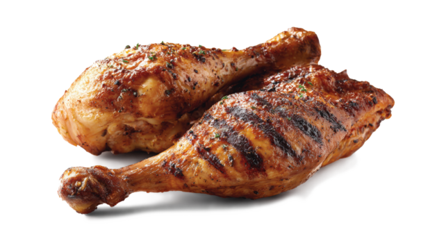 Grilled turkey chicken quarter legs isolated in a white background, no shadow, cooked turkey, BBQ food for Thanksgiving, Christmas meal lunch isolated on a white background
