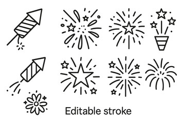 Firework rocket and star burst icon set for celebration, festival, New Year, party design. Editable stroke fireworks vector illustration. Simple outline symbols for web, apps, cards, posters, placards