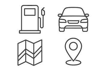 Fuel pump car road map pin location navigation icon set. Editable stroke vector outline illustration. Transport travel navigation GPS route symbols for app UI, placards, web, books, card design.