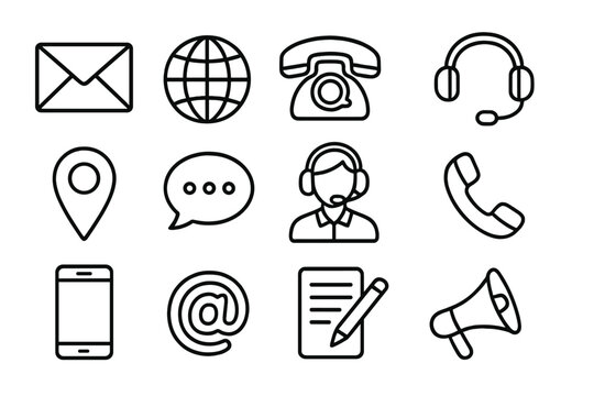 Contact us and communication line icon set. Vector symbols collection for customer service, support, phone, email, and web. Editable stroke outline pictograms for business.