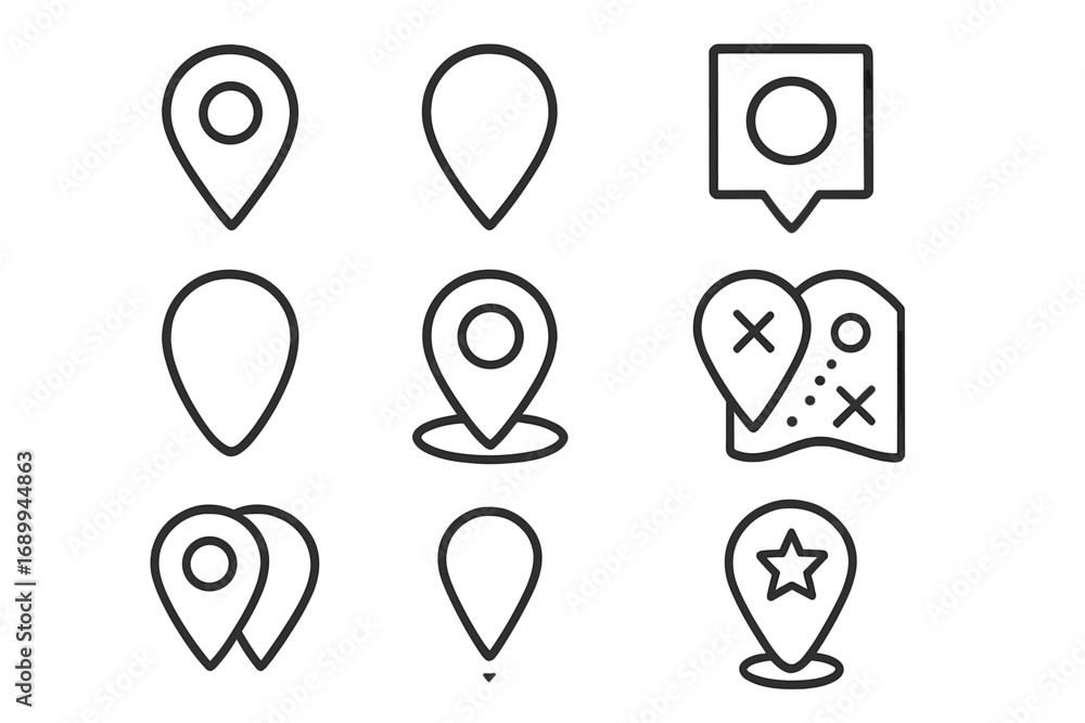 Poster map location pin line icons set. outline map marker symbols collection for navigation, gps, route, d