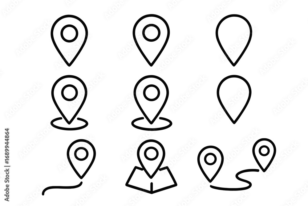 Poster location pin line icon set. outline gps map marker symbols for navigation, web, app ui, travel, rout