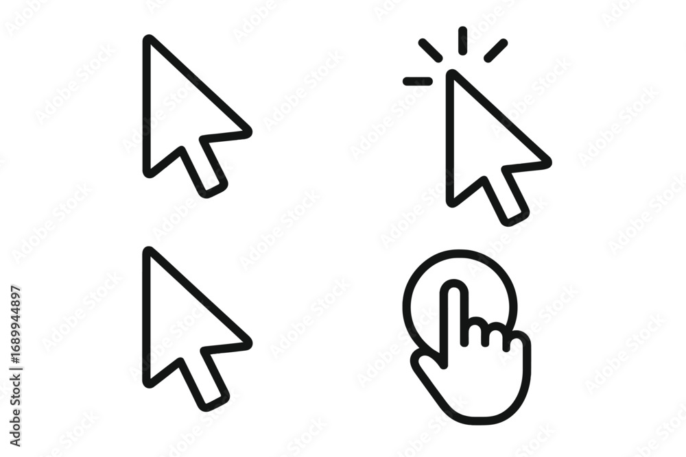 Fototapete cursor and hand pointer icon set. vector outline collection of click, tap, and select symbols for we