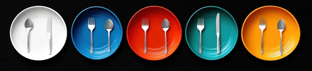 Five colorful plates each set with different combinations of silverware arranged neatly on a black background, creating a visually balanced and vibrant dining display