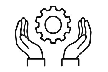 Hands holding gear vector icon. Technical support, business solutions, innovation concept. Cogwheel symbol for engineering, development, progress, settings and management.