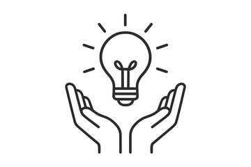 Hands holding lightbulb icon. Concept of new idea, innovation, creativity, inspiration, solution. Brainstorming, invention and knowledge symbol. Vector line art illustration.