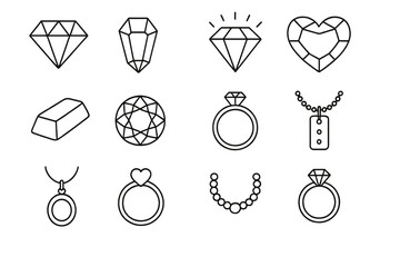 Jewelry line icon pack. Diamond, gem, heart, gold bar, necklace, pendant, tag, ring, wedding band outline. Simple decorative vector illustration for web, app, advert, branding, greeting, invitation.