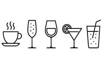 Drinks and beverages line icon set. Coffee, champagne, wine, cocktail, soft drink. Bar menu symbols. Restaurant, cafe pictogram collection. Vector outline illustration. Editable stroke.