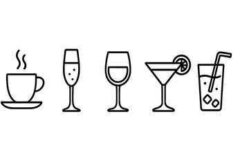 Drink and beverage line icon set. Coffee, champagne, wine, cocktail, soft drink outline symbols. Vector graphic for bar menu, cafe, restaurant. Simple linear pictogram collection.