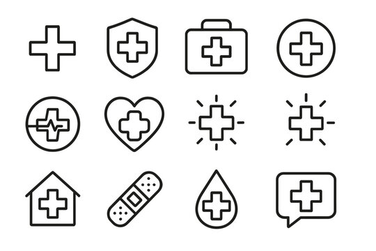 Medical cross health care icon set. Outline medical symbols collection for hospital app, ambulance, emergency, first aid, pharmacy, healthcare, clinic, medicine, web design, and advertising - Powered by Adobe