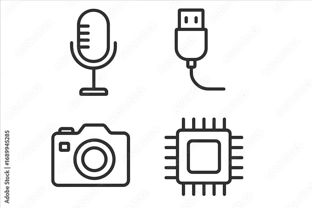 Poster vector technology icon set microphone usb cable camera microchip editable stroke line art isolated c