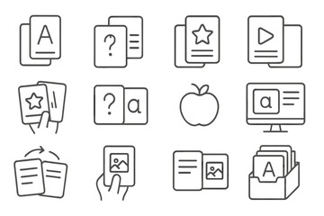 Flash card line icon set. Education and learning symbols. Study, memorization, and knowledge concept. School and training aids. Vector outline icons for web, apps, and print.
