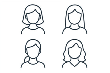 Set of female user profile avatars. Collection of faceless woman head icons for web and graphic design. Anonymous people pictograms. Minimalist vector line art illustrations.